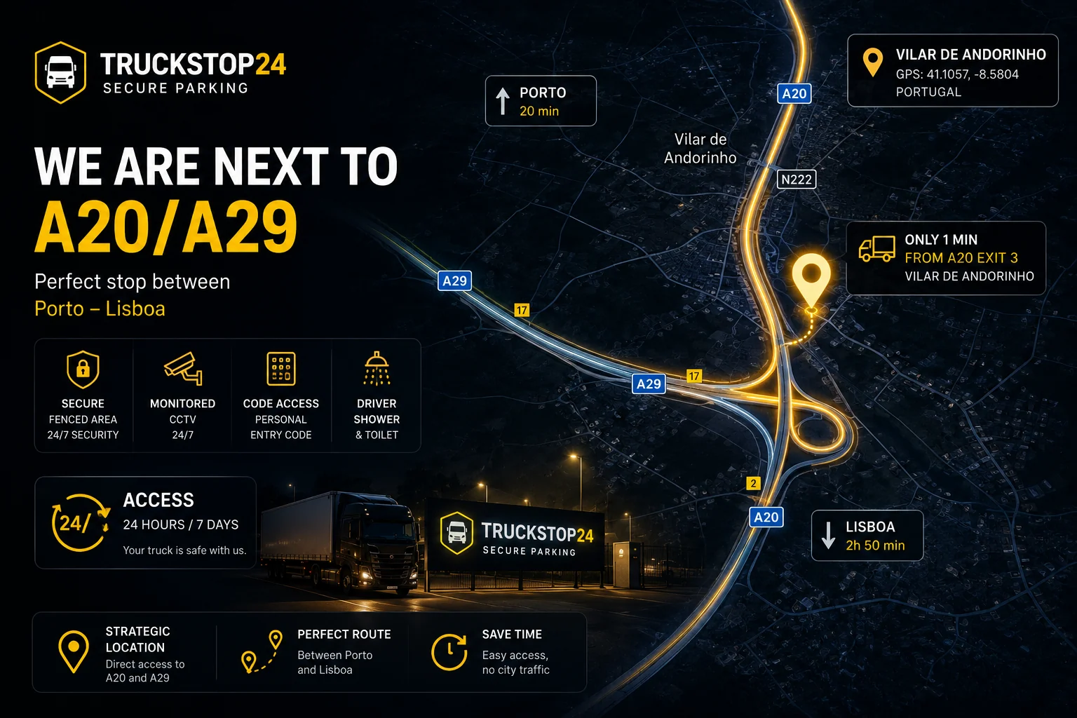 Route map: TruckStop24 is one minute from the A20 / A29 at Vilar de Andorinho, between Porto and Lisboa